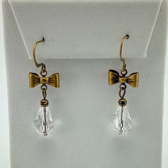 Crystal Teardrop & Bow Earrings, Handmade, Art Nouveau Style, Antique Brass - Picture 2 of 6